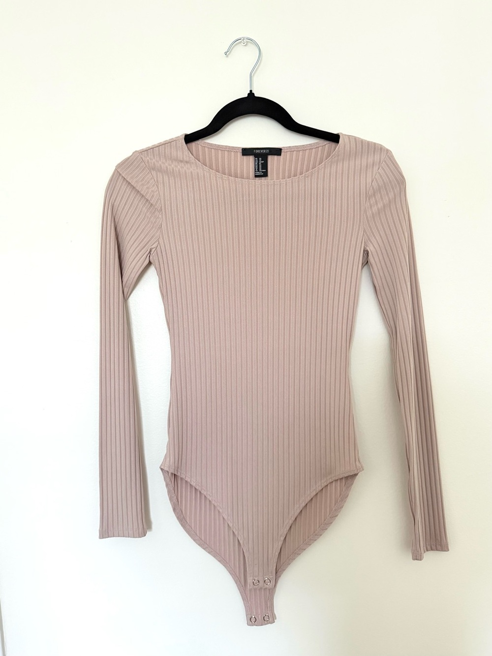 Forever 21 Ribbed Long Sleeve Bodysuit in Light Beige